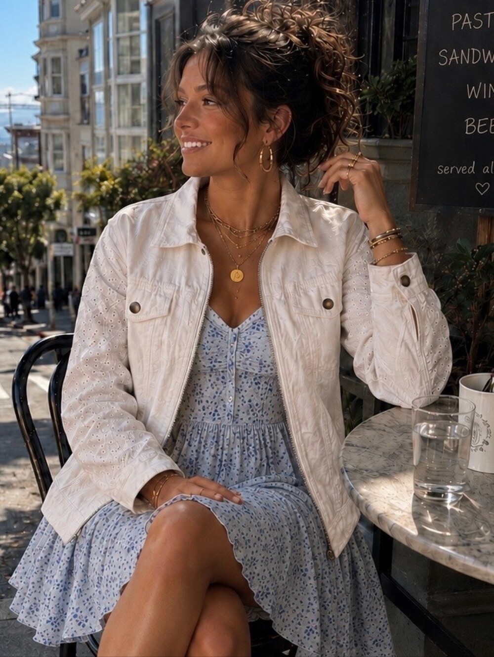 Rachel Zoe White Linen Eyelet Embroidered Front Zip Jacket - Size L